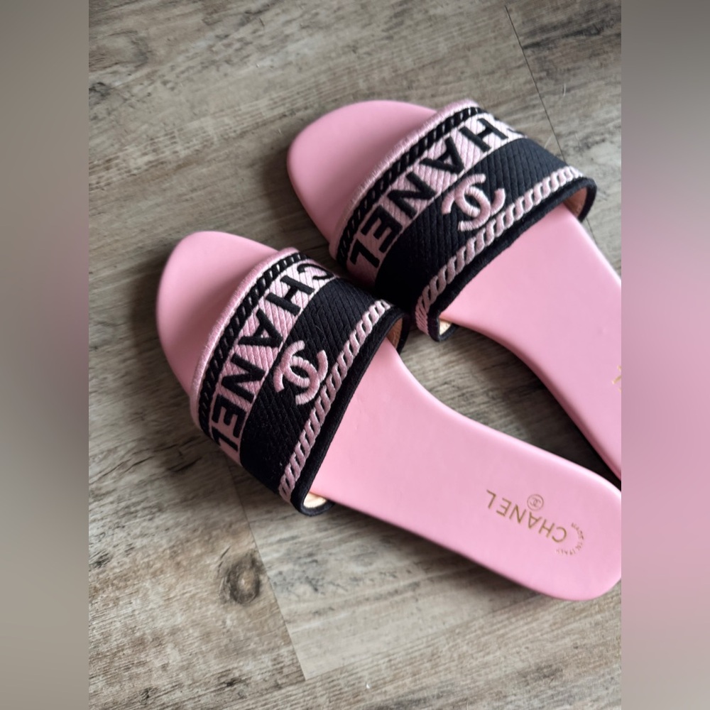 Chanel Pink and Black Slide Sandals